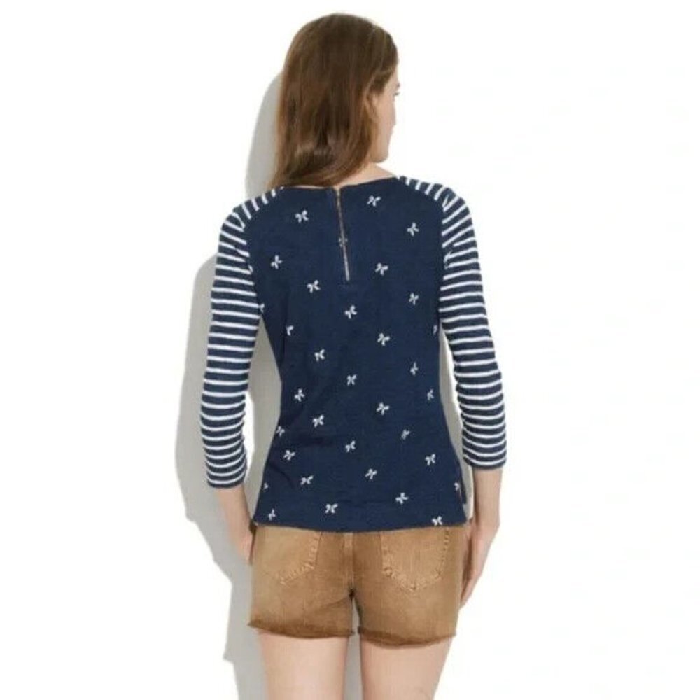 Madewell Indigo Ink White Stripes And Bows Back Zip 3/4 Sleeve Top Small - Picture 3 of 6